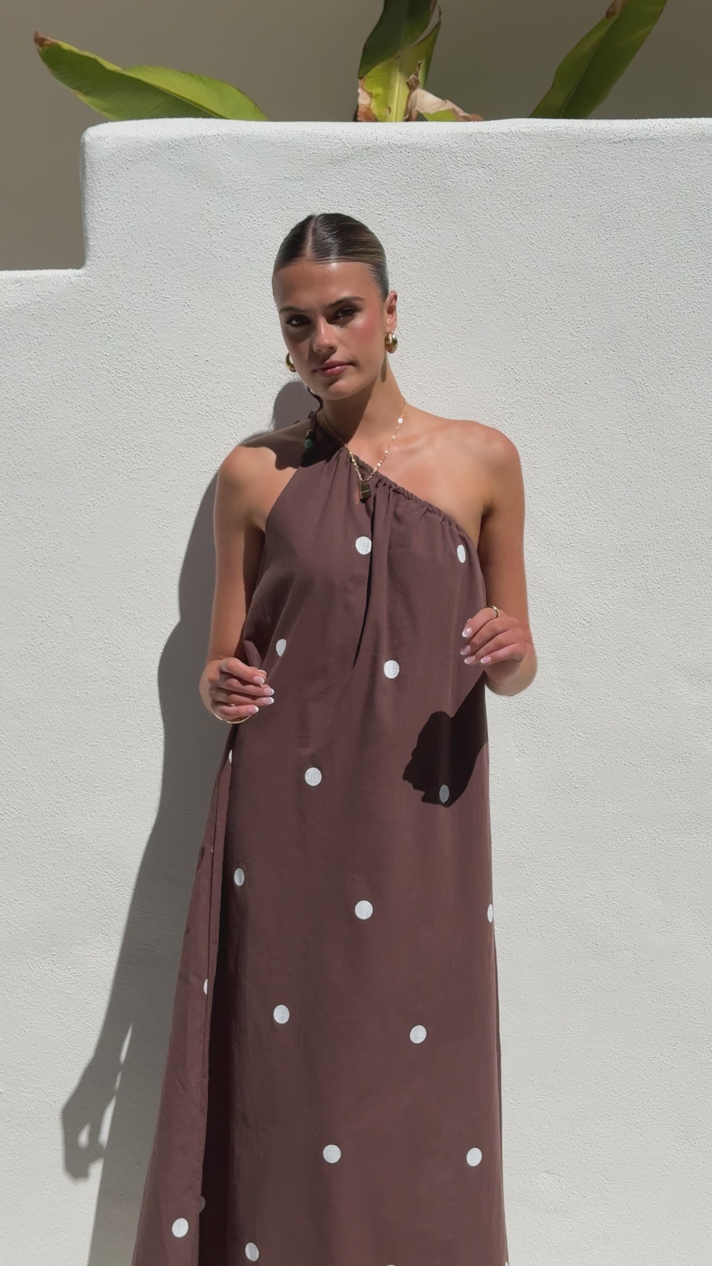 Nasira One Shoulder Maxi Dress - Chocolate / White Polka Dot